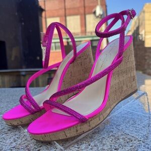 NWOT Jessica Simpson Pink Tenley Wedge Sandals with Rhinestones